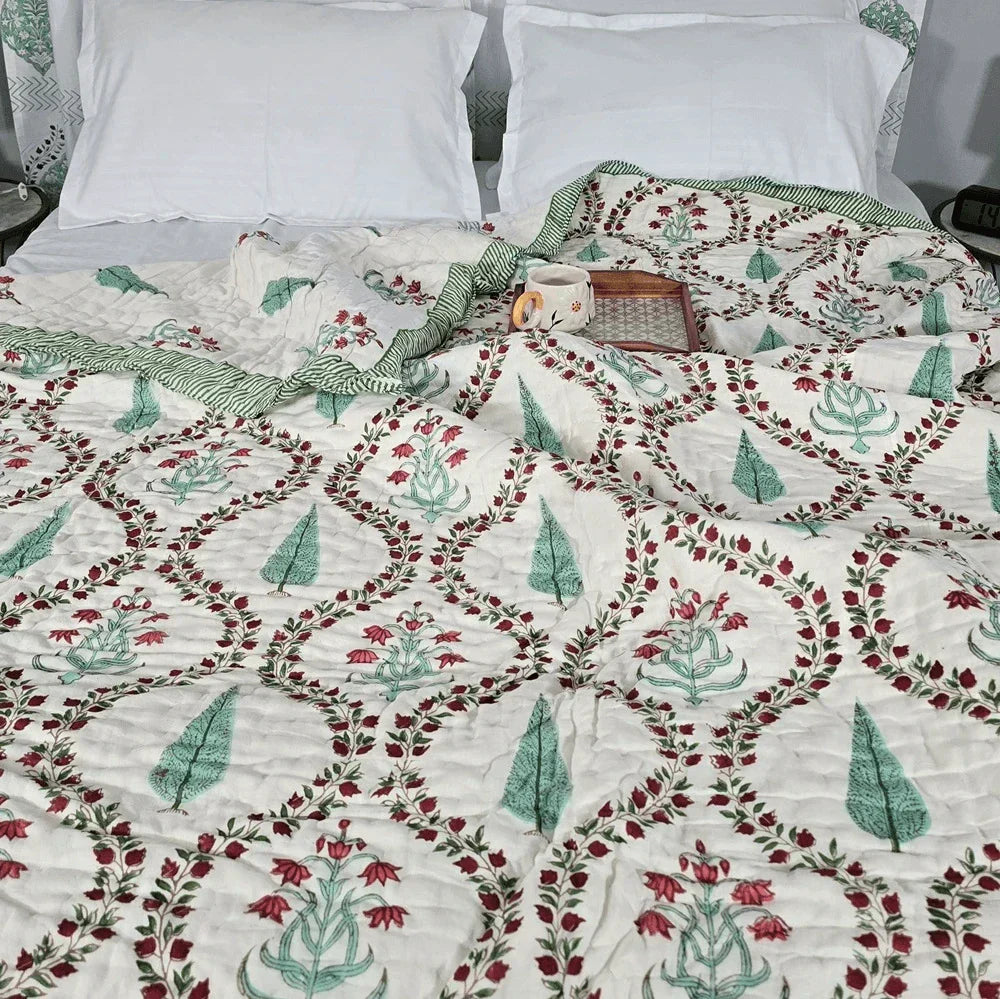 Hand Block Printed Jaipuri Cotton Quilt – Red & Green Floral Bel (90X108 Inches)